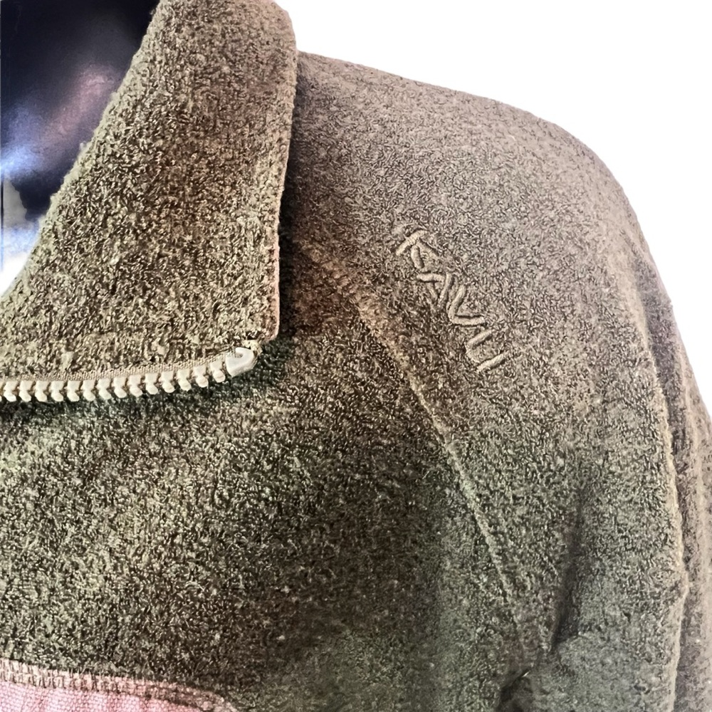 Kavu Green/Tan Men's Terry Fleece Jacket Zip Pocket Elbow Patches - Picture 3 of 10